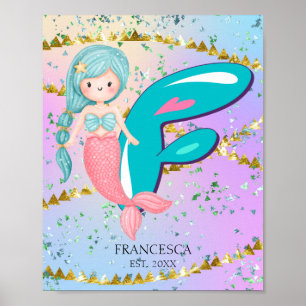 Letter F Monogram Watercolor Niedlich Mermaid Kind Poster