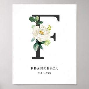 Letter F Monogram White Peonies Kinderzimmer Poster
