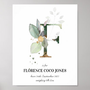 Letter F New Baby Monogram Birth Print Green Poster