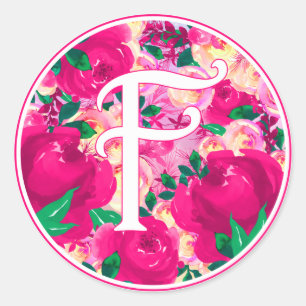 Letter F Pink Watercolor Floral Circle Monogramm Runder Aufkleber