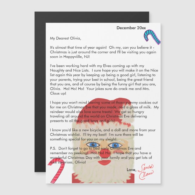 Letter from Santa Candy Canes Child's Name Magnetkarte (Vorne/Hinten)