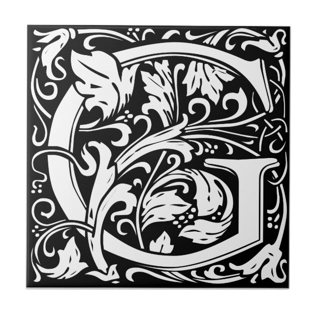 Letter G Art Nouveau Schwarz/Weiß Tile Fliese (Vorderseite)