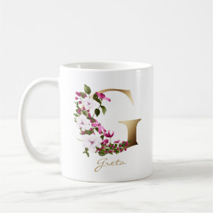 Letter G Gold Monogram  White Magenta Green Floral Kaffeetasse