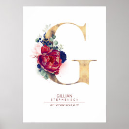 Letter G Monogram Floral Navy Blue und Burgundy Poster