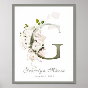 Letter G Monogram Pink White Floral Kinderzimmer Poster