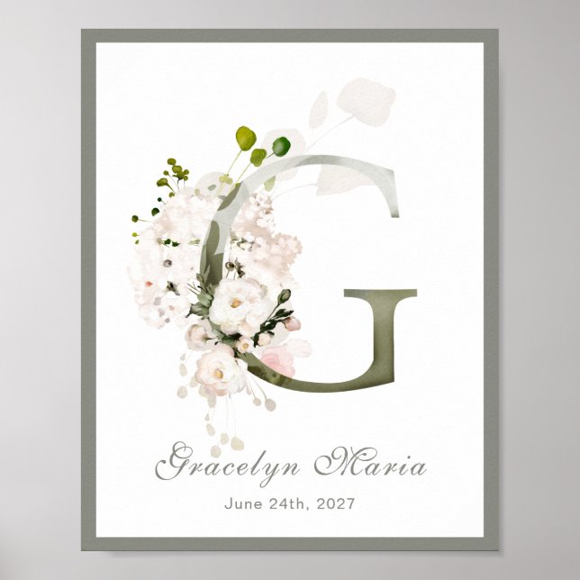 Letter G Monogram Pink White Floral Kinderzimmer Poster (Vorne)
