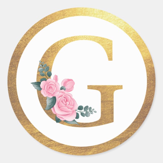Letter G Monogram Roses Floral & Elegant Gold Runder Aufkleber (Vorderseite)