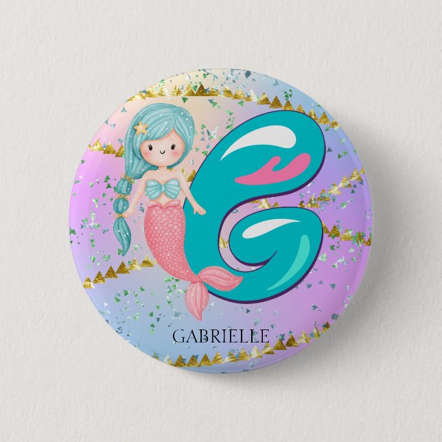 Letter G Monogram Watercolor Niedlich Mermaid Kind Button (Vorderseite)