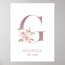 Letter G Monogram Watercolor Rose Florals Kinderzi Poster
