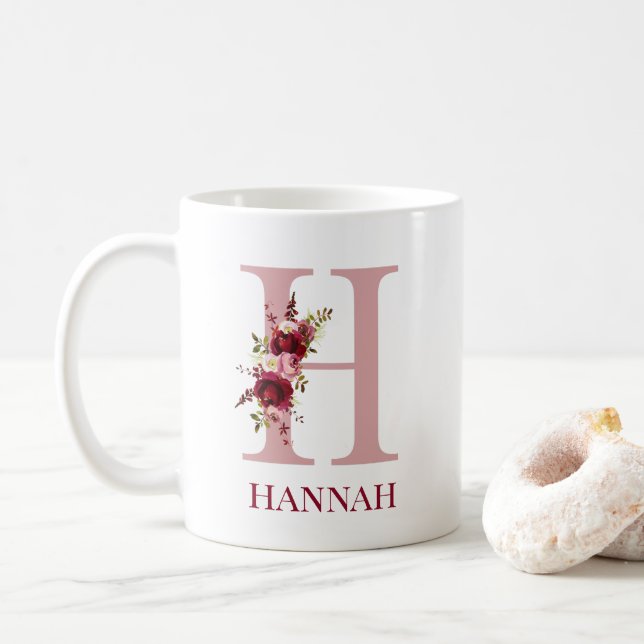 Letter H Burgundy Blush Floral Kaffeetasse (Mit Donut)
