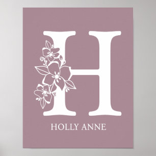 Letter H Floral Monogram Name Kinderzimmer Modern Poster