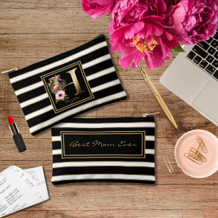 Letter H Floral Monogram Schwarz-weiße Streifen Zubehörtasche