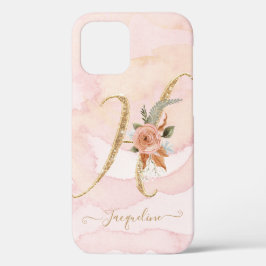 Letter H Gold Script Monogramm Watercolor Floral Case-Mate iPhone Hülle
