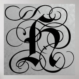 Letter H, Gothic Monogram Black Poster