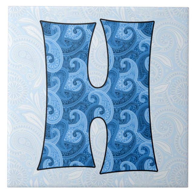 Letter H - Mit Monogramm blaues Paisley, 1,5 cm Ti Fliese (Vorderseite)