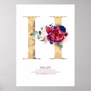 Letter H Monogram Floral Navy Blue und Burgundy Poster