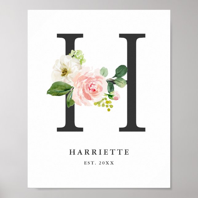 Letter H Monogram Watercolor Peach Florals Kinderz Poster (Vorne)