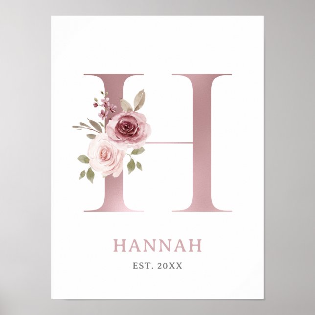 Letter H Monogram Watercolor Rose Florals Kinderzi Poster (Vorne)