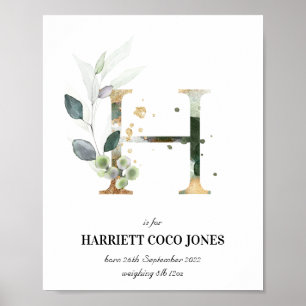Letter H New Baby Monogram Birth Print Greenery Poster