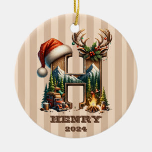 Letter H Rustic Holiday Monogram mit Camper Scene Keramik Ornament