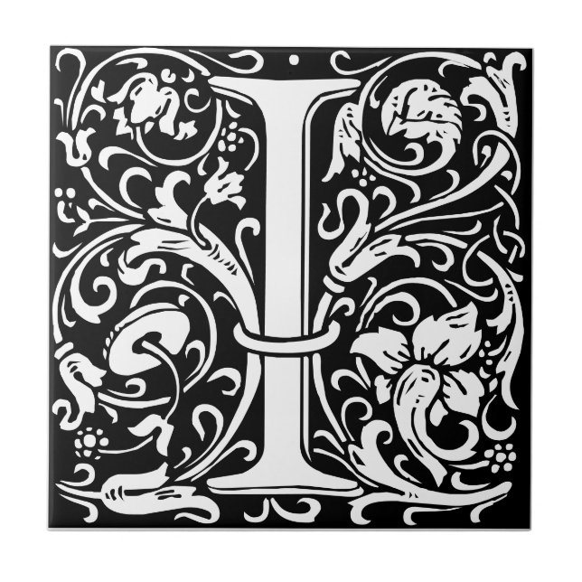 Letter I Art Nouveau Schwarz/Weiß Tile Fliese (Vorderseite)