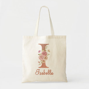 Letter I Blush Rosa Glitzer Floral Monogram Tragetasche