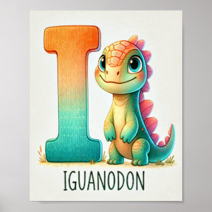 Letter I, Dinosaur Alphabet Watercolor Poster