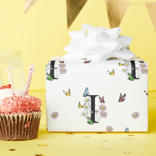 Letter I Floral Watercolor Butterfly Monogram Geschenkpapier (Geburtstagsparty)