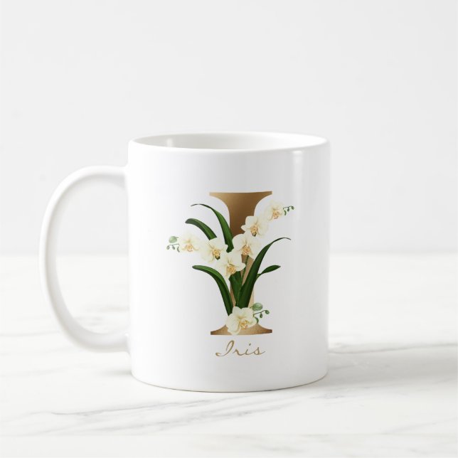 Letter I Gold Monogram | Weiße Orchideen Kaffeetasse (Links)