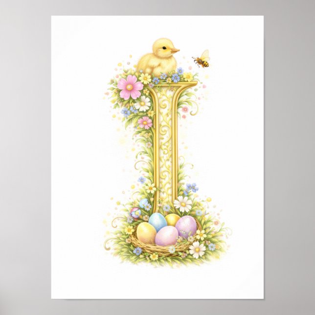 Letter I Gold Spring Nature Monogram Yellow Duck Poster (Vorne)