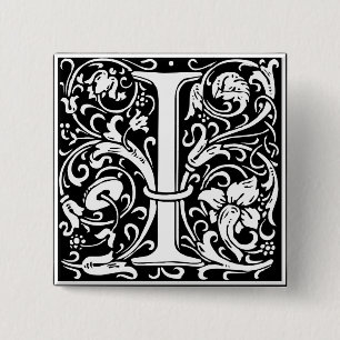 Letter I Medival Monogram Art Nouveau Button