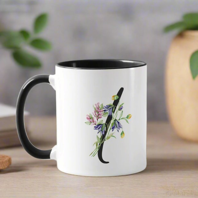 Letter " I " Mit Monogramm Black Script Floral Tasse (Von Creator hochgeladen)