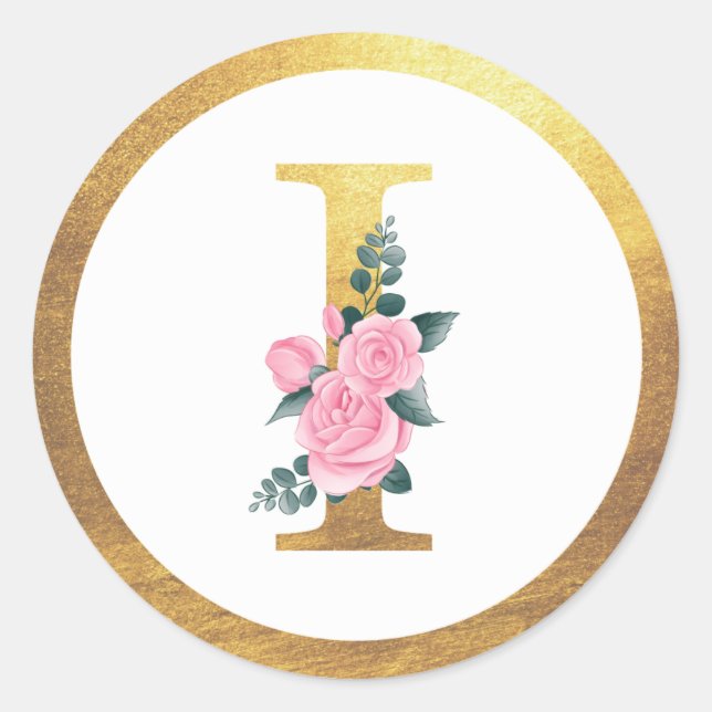 Letter I Monogram Roses Floral & Elegant Gold Runder Aufkleber (Vorderseite)