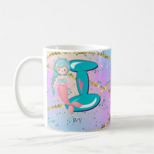 Letter I Monogram Watercolor Niedlich Mermaid Kind Kaffeetasse