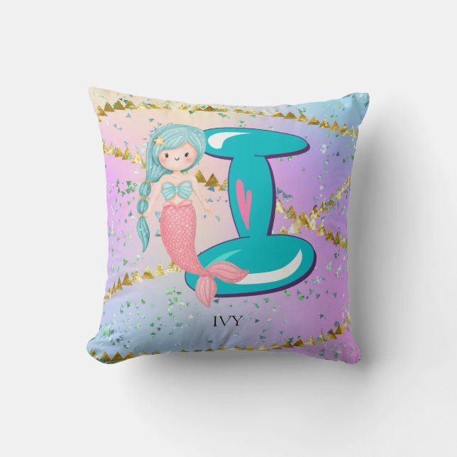Letter I Monogram Watercolor Niedlich Mermaid Kind Kissen (Vorderseite)