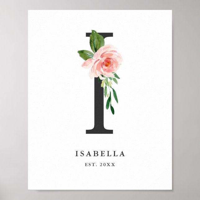 Letter I Monogram Watercolor Peach Florals Kinderz Poster (Vorne)