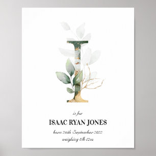 Letter I New Baby Monogram Birth Print Greenery Poster