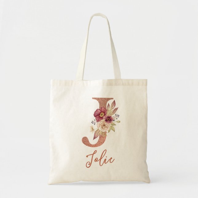 Letter J Blush Rosa Glitzer Floral Monogram Tragetasche (Vorne)