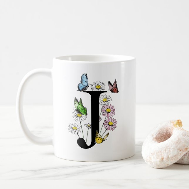 Letter J Botanic Watercolor Butterfly Monogram Kaffeetasse (Mit Donut)