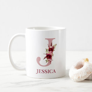 Letter J Burgundy Blush Floral Kaffeetasse