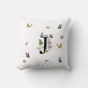 Letter J Floral Butterfly Monogram Initial Kissen