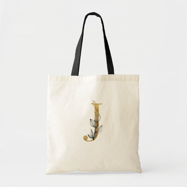 *~* Letter J Gold Monogram Initial Black Blätter Tragetasche (Vorne)