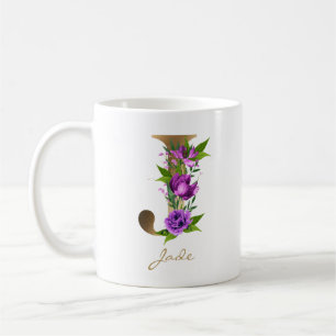 Letter J Gold Monogram   Lila grüne Blume Kaffeetasse