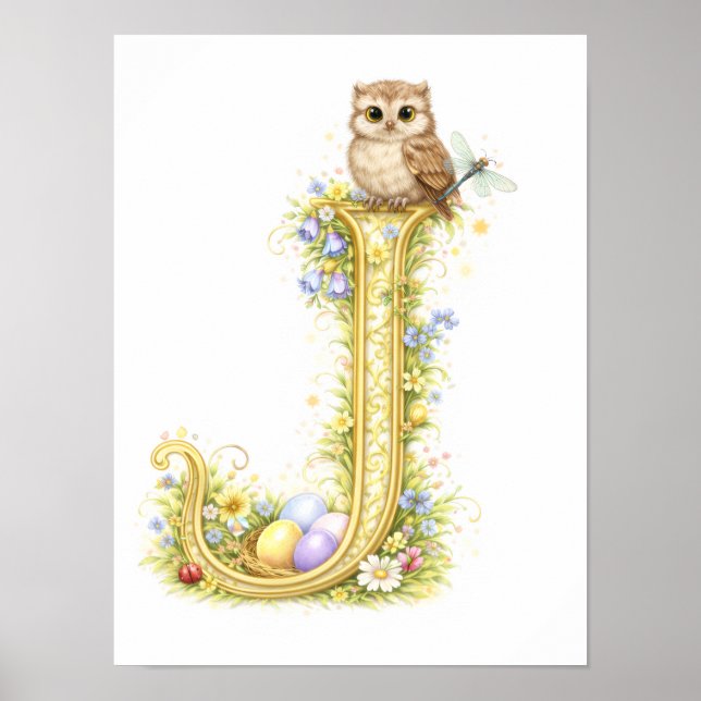 Letter J Gold Spring Nature Monogram Owl Kids  Poster (Vorne)