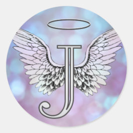 Letter J Initial Monogram Angel Wings & Halo Runder Aufkleber