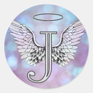Letter J Initial Monogram Angel Wings & Halo Runder Aufkleber