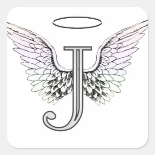 Letter J Initial Monogram mit Angel Wings & Halo Quadratischer Aufkleber