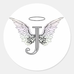 Letter J Initial Monogram mit Angel Wings & Halo Runder Aufkleber