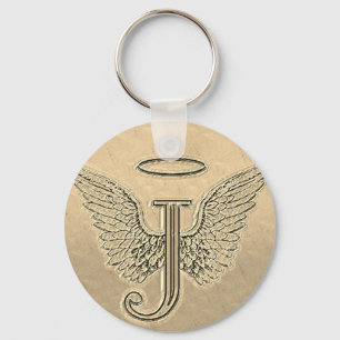 Letter J Initial Monogram mit Angel Wings & Halo Schlüsselanhänger