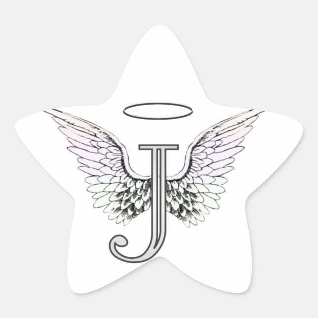 Letter J Initial Monogram mit Angel Wings & Halo Stern-Aufkleber (Vorderseite)
